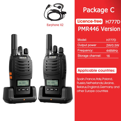 Retevis H777D Walkie Talkie PMR446 Portable License-Free LCD Display Radio Long Range Type-C Camping Use