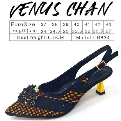 Women Black Gold Rhinestone Slingback Heels Matching Clutch Bag Set Luxury Crystal Flower Pointed Toe Kitten Heel Sandals