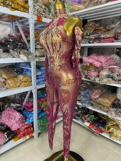 Sparkly Rhinestones Printed Mesh Bodycon Green Jumpsuits With Sleeves See Through Masquerade Costume Dress Night Club DJ Gogo