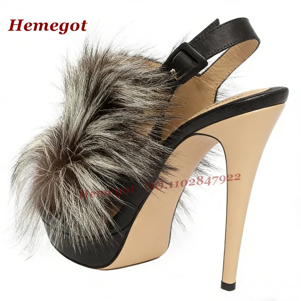 Fluffy Fur Platform Buckled Sandals Round Toe Stiletto High Heels Slingback Women's Sandals Side Air Autumn Suede Patchwork Shoe