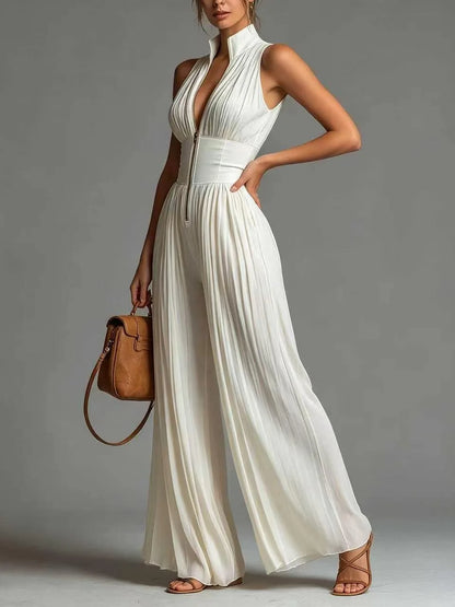 Sleeveless Pleated Wide Leg Jumpsuit Stand Collar Front Zipper Deep V Flowy Chiffon Pant Romper Women Elegant Formal Outfit