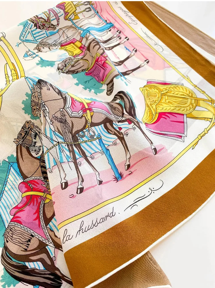 100% Mulberry Silk Square Scarf Vintage Equestrian Horse Saddle Print Bandana Unisex Neck Head Wrap Office Travel Holiday Gift