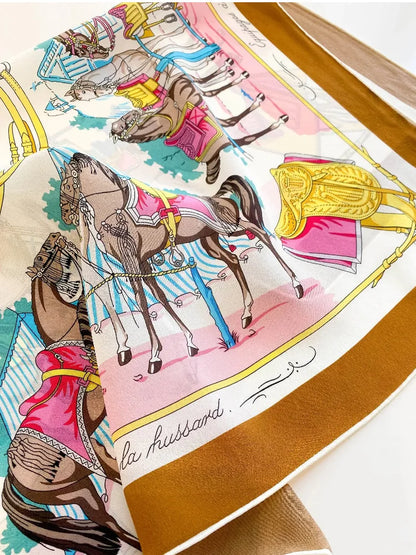 100% Mulberry Silk Square Scarf Vintage Equestrian Horse Saddle Print Bandana Unisex Neck Head Wrap Office Travel Holiday Gift