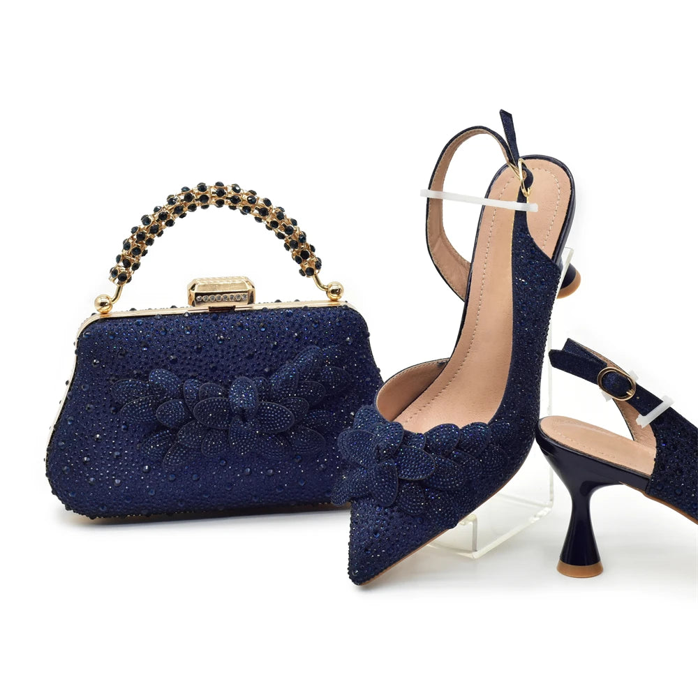 2024 Nigerian Style Rhinestone Medium Heeled Sandals for Women Fashion Wedding Party Shoes and Bags Set with Rhinestone