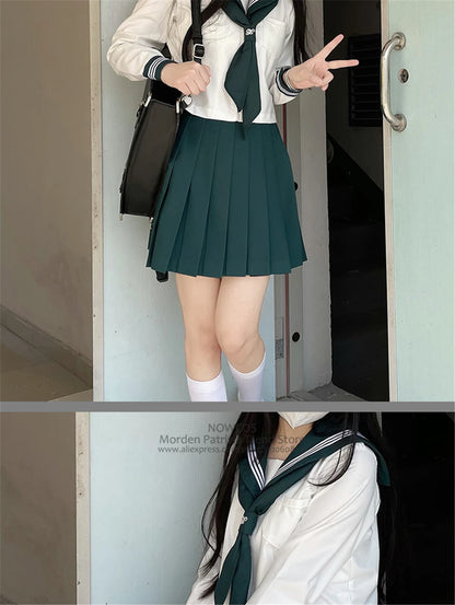 Japanese School Girl Uniform XS-XL JK Green Sailor Basic Cartoon Three Lines Sailor Uniform Sets Navy Costume Women Girl Costume