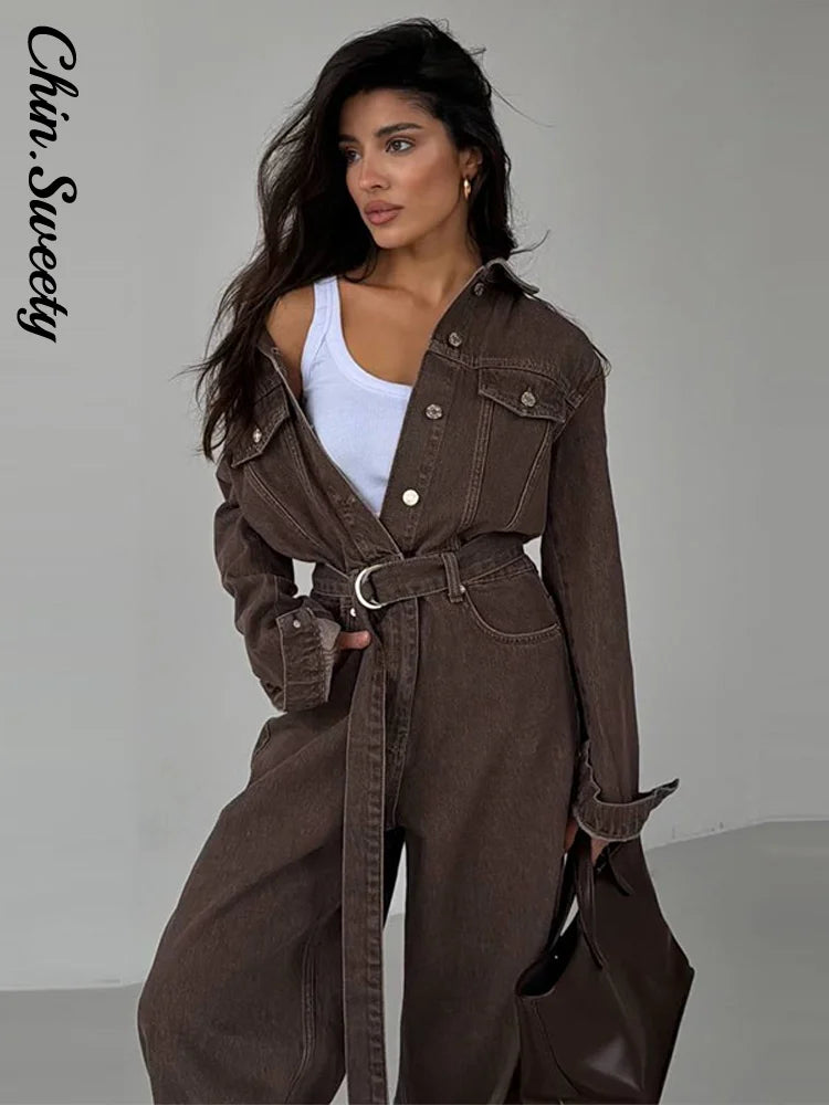 Chic Denim Women's Jumpsuit Turn-Down Collar Lace Up Full Sleeve Lady Long Jumpsuits 2026 Spring Casual Female Streetwear
