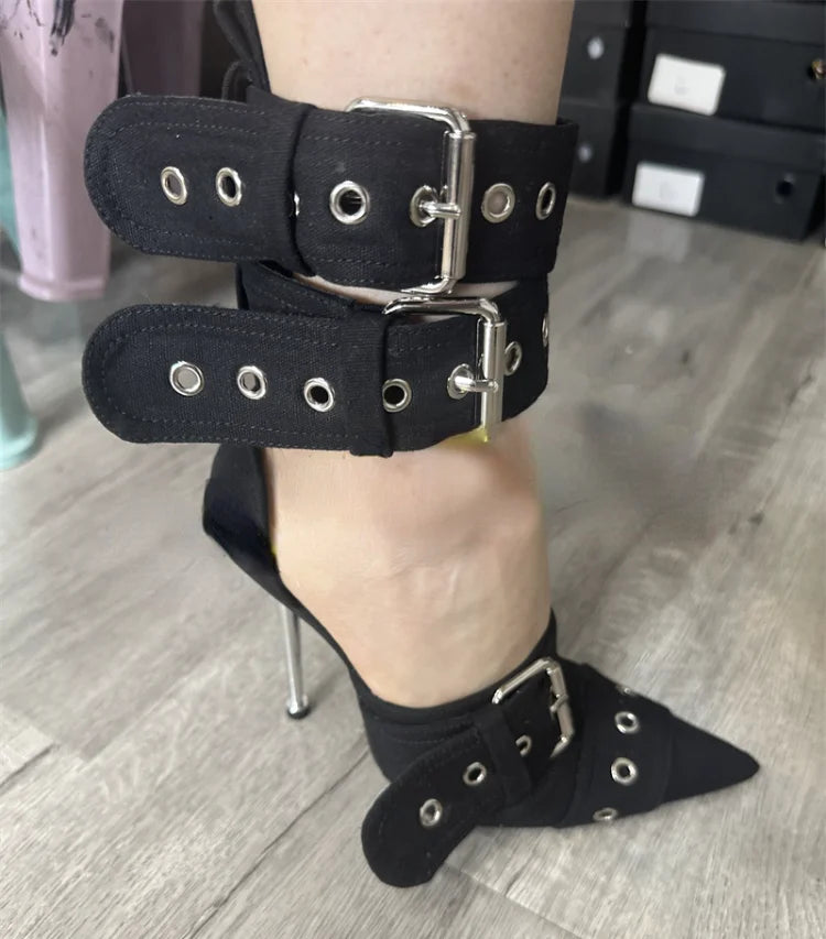 New Women Denim Metal Rivet Buckle Sandals Women Sexy Punk Style Pointed Hollow Metal 11cm High Heel Knee High Boots Size34-43