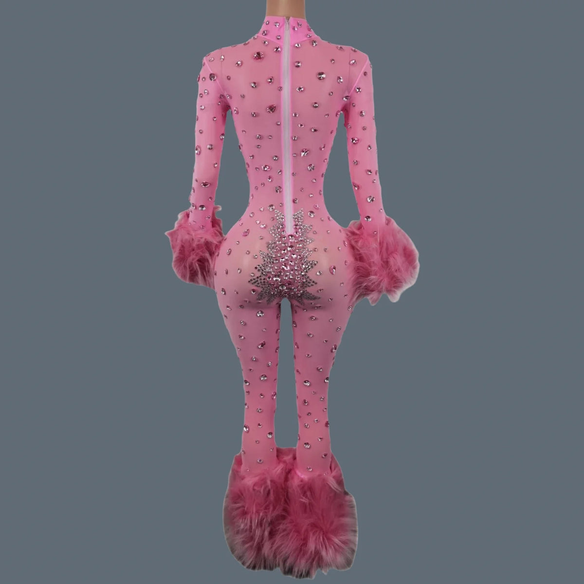 Shiny Crystals Pink Mesh Jumpsuit Sexy Feather Designe Birthday Jumpsuit Club Singer Event Performance Costume Stage Wear Guibin