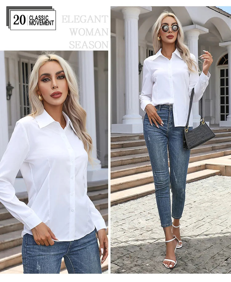 Women Elegant Solid Button Shirt Chiffon Blouse Spring Summer Casual Solid Long Sleeve Turn Down Collar Tunics OL Shirt Tops