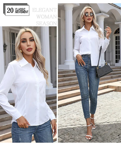 Women Elegant Solid Button Shirt Chiffon Blouse Spring Summer Casual Solid Long Sleeve Turn Down Collar Tunics OL Shirt Tops