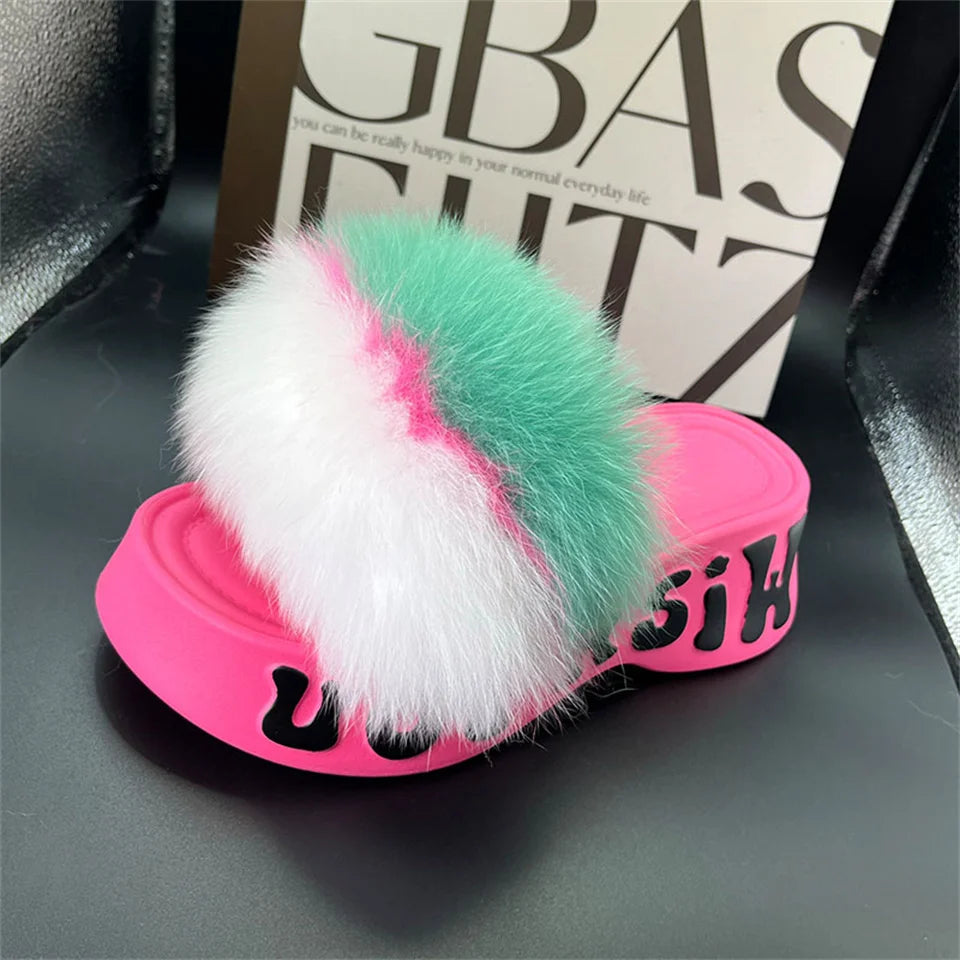 Real Fox Fur Slippers for Woman Luxury 2025 Slippers Summer Woman Sandals Thick Sole Pink Fur Slippers Fluffy Slides for Woman