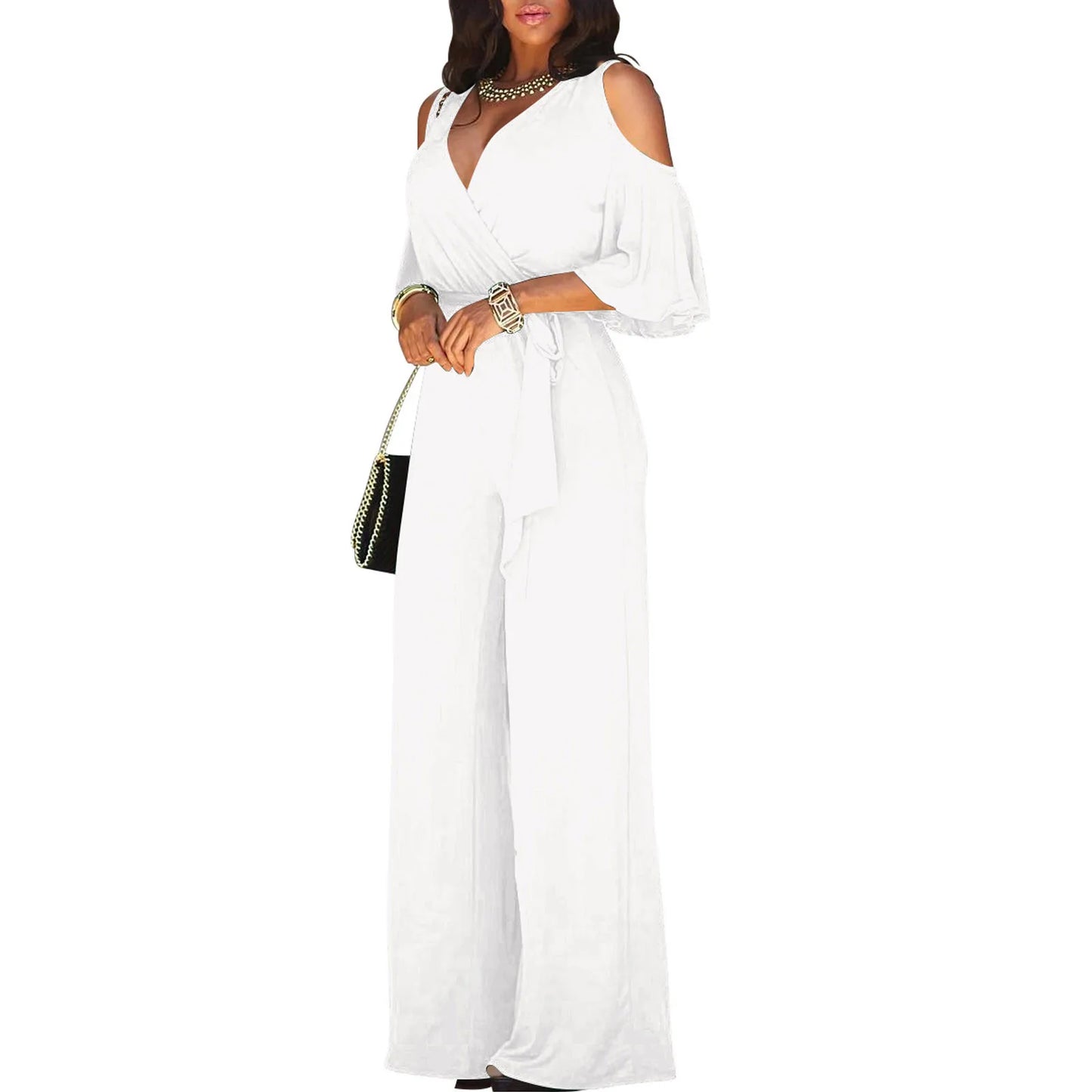 Jumpsuit Summer Pure Color Women Sexy Deep V Neck Short Sleeve Rompers Fashion Slim Fit Lace Up Elegant Female Wide Leg Jumpsuit