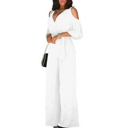 Jumpsuit Summer Pure Color Women Sexy Deep V Neck Short Sleeve Rompers Fashion Slim Fit Lace Up Elegant Female Wide Leg Jumpsuit