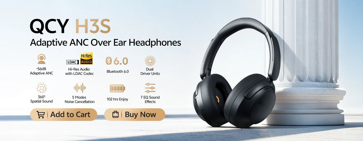 QCY H3S Over Ear Headphone Hi-Res LDAC Spatial Sound Headset H3S -56dB Adaptive ANC Wireless Earphone Bluetooth 6.0 102Hrs
