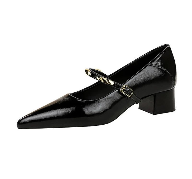 Women Korean Vintage Soft Split Cow Leather Pointed Pumps Simple Single Metal Buckle Strap Mid Chunky Heel Comfort Office Daily