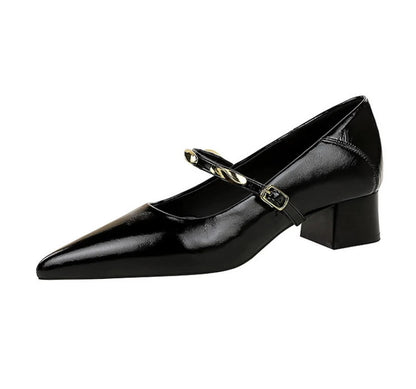 Women Korean Vintage Soft Split Cow Leather Pointed Pumps Simple Single Metal Buckle Strap Mid Chunky Heel Comfort Office Daily