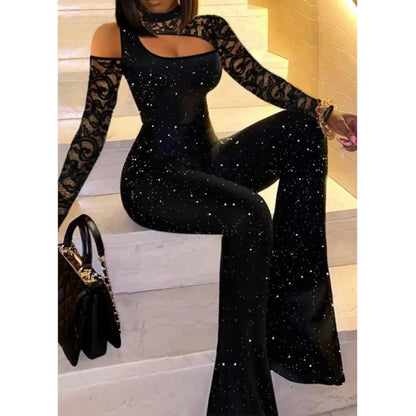 Women's Fashion Sexy Jumpsuits Spring Summer Black Lace Glitter Silver Slim Fit Off-shoulder High Collar Jumpsuit Wide Leg Pants