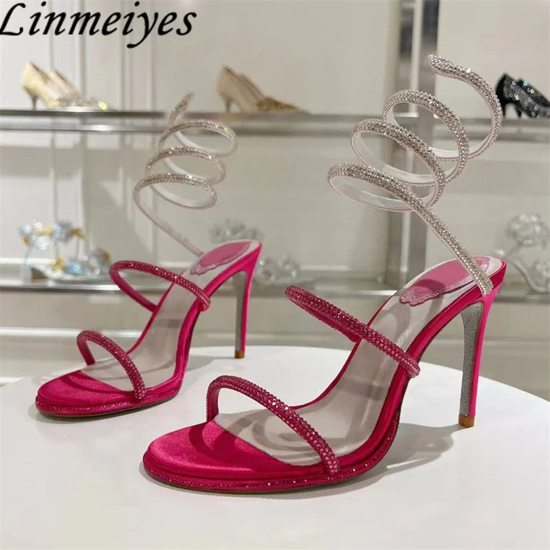 Summer Crystal Gladiator Sandals Women Rhinestone Twine Around Ankle Snake Wedding Shoes High Heels Sandals Woman