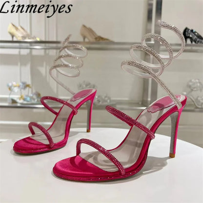 Summer Crystal Gladiator Sandals Women Rhinestone Twine Around Ankle Snake Wedding Shoes High Heels Sandals Woman