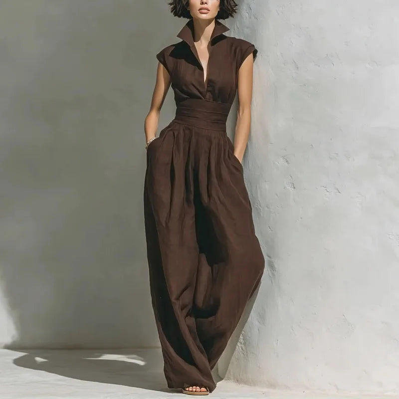 New Chic Solid Pockets Vacation Overalls Summer High Waist Low Cut Women's Romper Turn-down Collar Sleeveless Wide Leg Jumpsuits