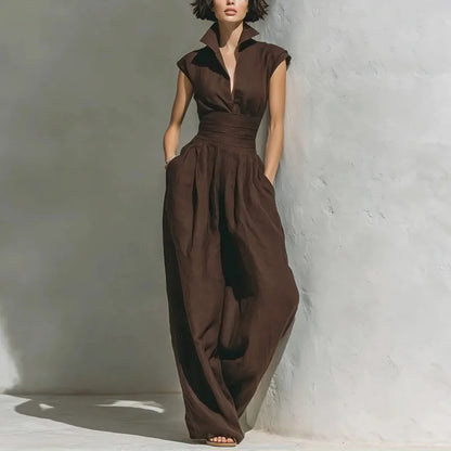 New Chic Solid Pockets Vacation Overalls Summer High Waist Low Cut Women's Romper Turn-down Collar Sleeveless Wide Leg Jumpsuits