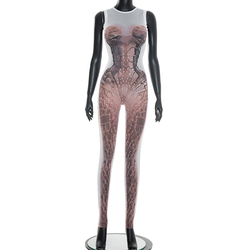 FAGADOER Fashion Scale Printing Patchwork Bodycon Jumpsuits Woman See Through Sleeveless Rompers Female Streetwear Overalls New
