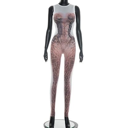 FAGADOER Fashion Scale Printing Patchwork Bodycon Jumpsuits Woman See Through Sleeveless Rompers Female Streetwear Overalls New