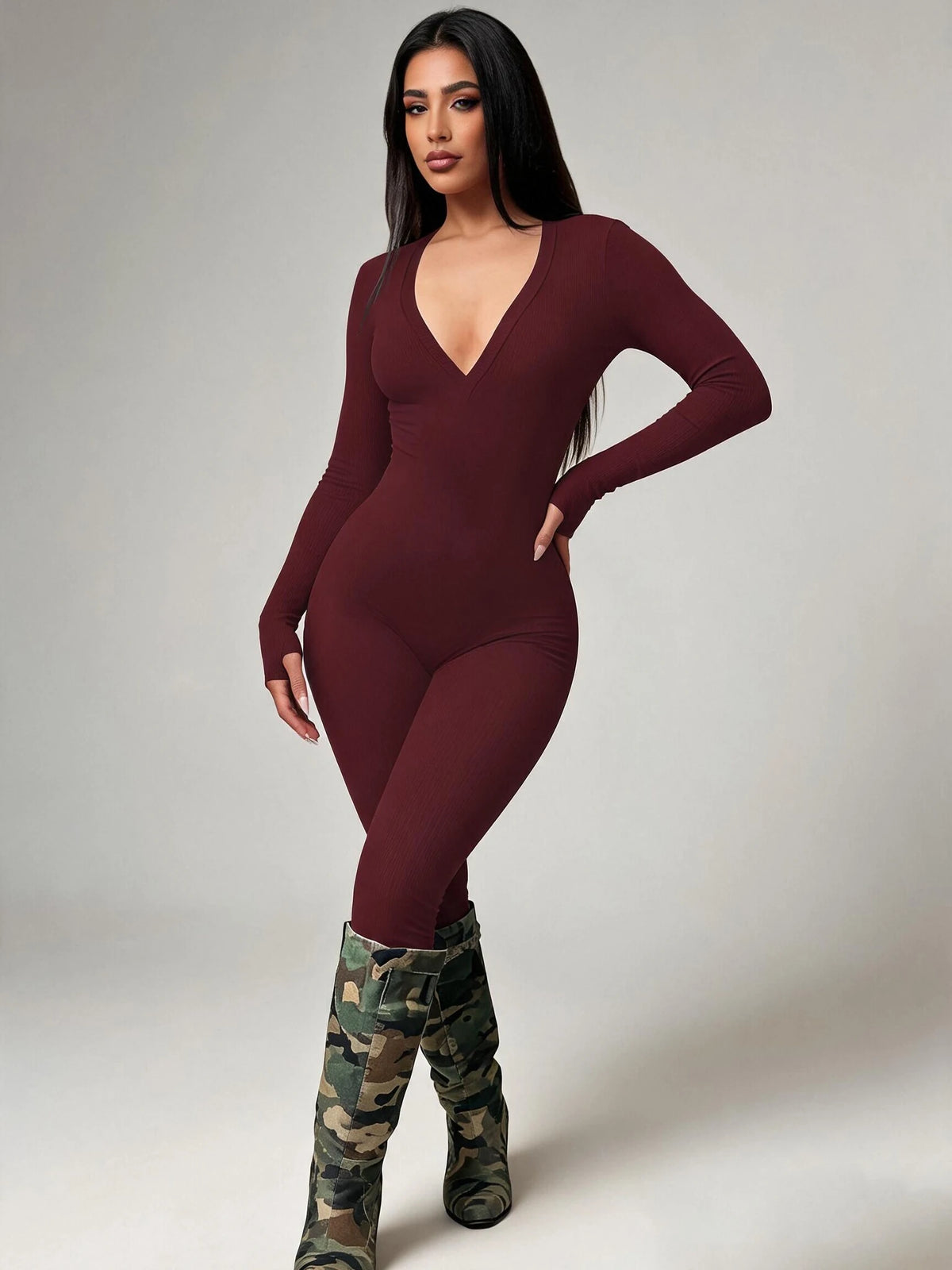 Women High Stretch Ribbed Knit Long Sleeve Jumpsuit Deep V Neck Slim Fit Tight Full Length Bodysuit Pants Casual Club Outfit