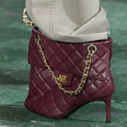 Red Handbag Chain Boots Pointed Toe Women Brown Leather Plaid Metal Buckle Heels Ankle Calf Booties Girl White Stiletto Shoes