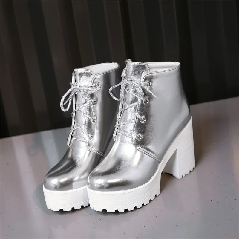 British Silver Gold Ankle Boots Women High Chunky Heels Dress Lady Round Toe Lace-up Spring Autumn Vintage Platform Short Boots