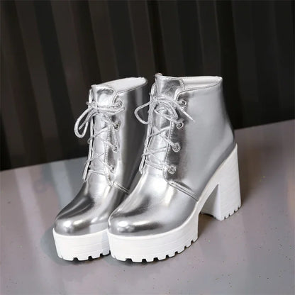 British Silver Gold Ankle Boots Women High Chunky Heels Dress Lady Round Toe Lace-up Spring Autumn Vintage Platform Short Boots