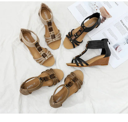High quality leather flat sandals for women 5cm mid heel with beading summer 2026 36 42 open toe casual vintage shoe black beige