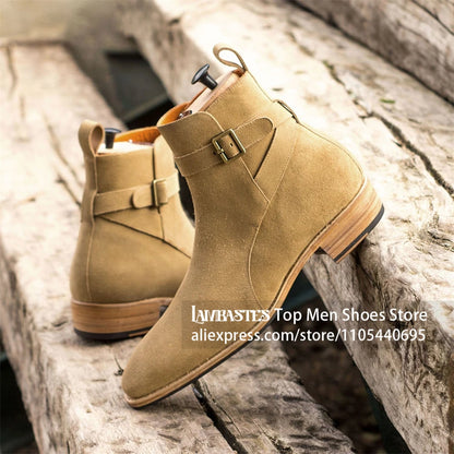 Suede Buckle Strap Ankle Boots Suede Leather Side Buckle Casual Dress Boots Vintage Suede Low Block Heel Pull On Boots for Men