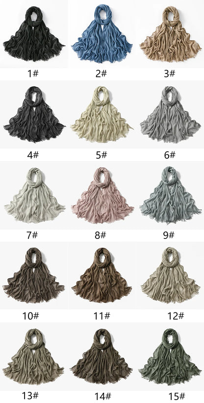 Fashion Crinkle Cotton Royan Hijab Scarf for Muslim Women Islamic Long Soft Shawls Wraps Short Tassel Bufanda Accessories