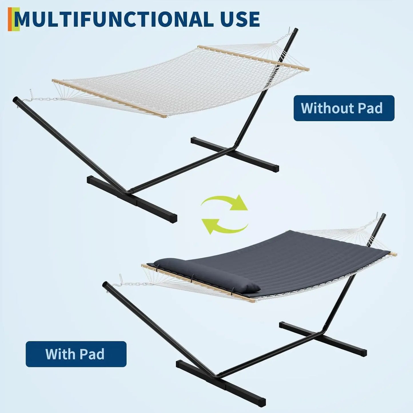 Double Cotton Hammock with Stand, Hammock with Adjustable Steel Frame | Portable Freestand Hammock Set Includes Carry Bag, Padded Polyester Pad & Pillow, 450 lb Capacity for Garden/Backyard/Travel