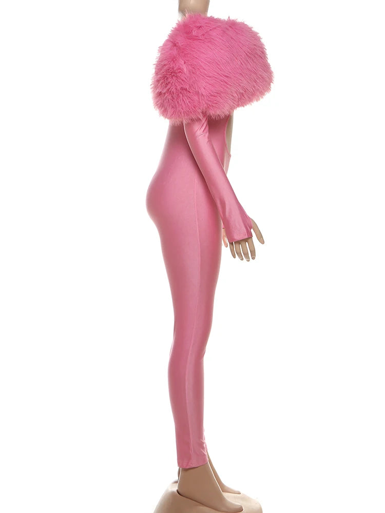 Weird Puss Furry Slash Neck Jumpsuits Woman Luxury Hipster Patchwork Trend Sexy Hollow Stretch Fitness Club Activity Overalls