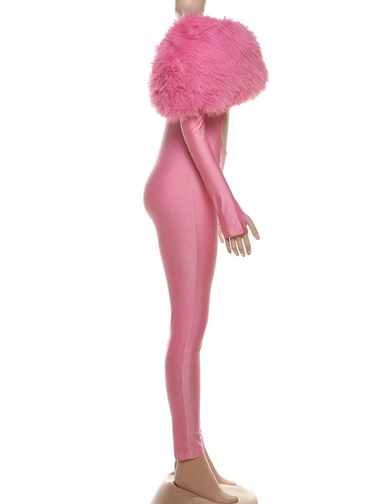 Weird Puss Furry Slash Neck Jumpsuits Woman Luxury Hipster Patchwork Trend Sexy Hollow Stretch Fitness Club Activity Overalls