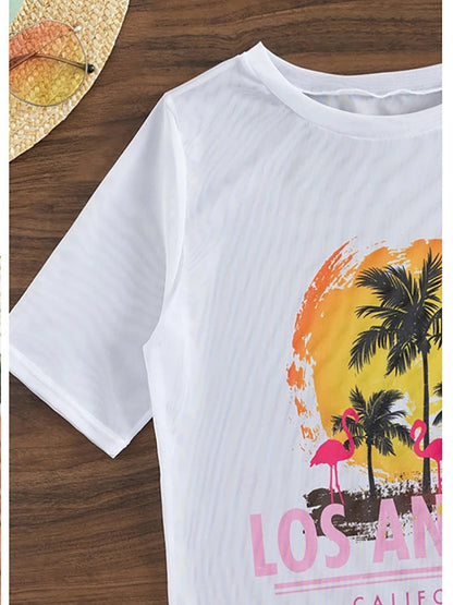 2026 New Tropical Print Three Pieces Bikini Set Thong Women Swimsuit with Cover Up Short Sleeve Biquini Swimwear Bathing Suit