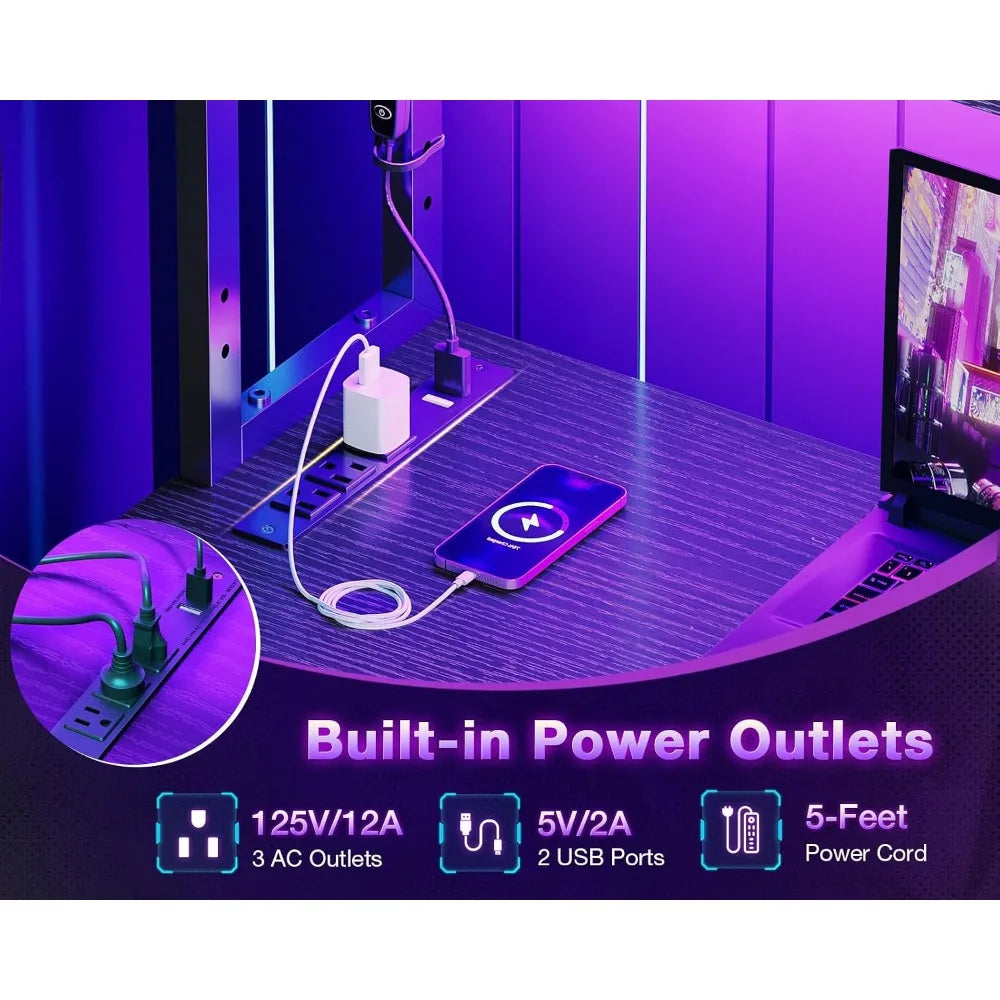 61" L Shaped Gaming Computer Desk with Shelves, LED Lights & Outlets, Black