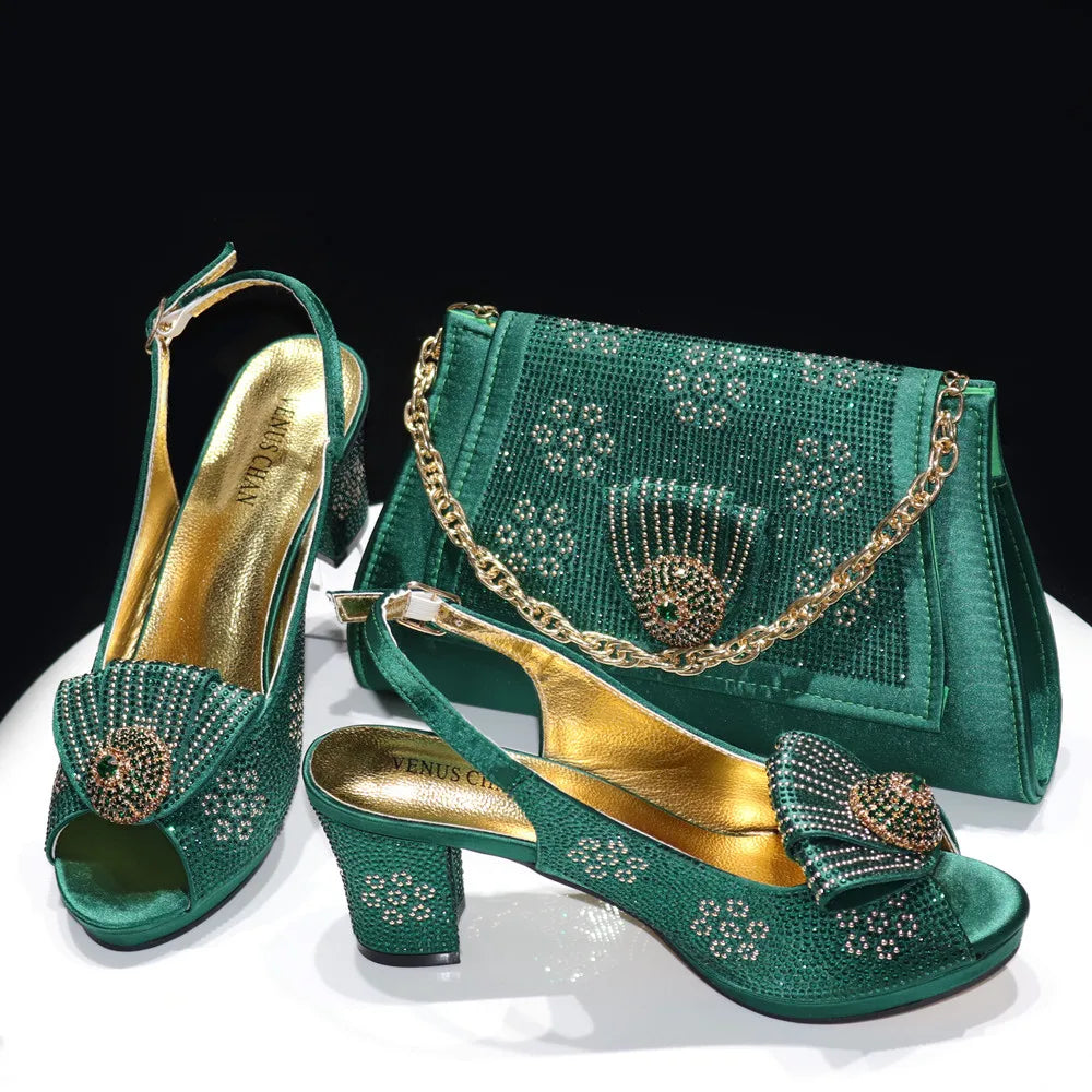 2026 Elegant Italian Pointed Toe Women Rhinestone Hot Pink Shoes & Bag Set For Wedding Party Bridal Evening Formal Events