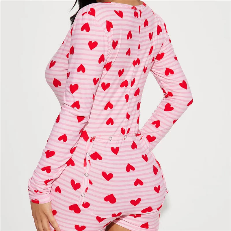 Women Valentines Day Jumpsuit Pajama Romantic Heart Print Long Sleeve V Neck Button Front Shorts Romper Fitted Sleepwear
