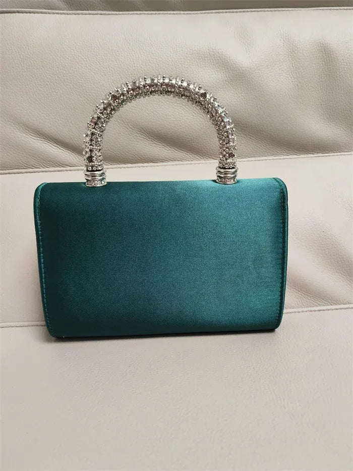 Rhinestone Faux Silk Emerald Evening Bag Silver Diamond Buckle Handle Fashion Handbags Elegant Ladies Square Bolsa Feminina