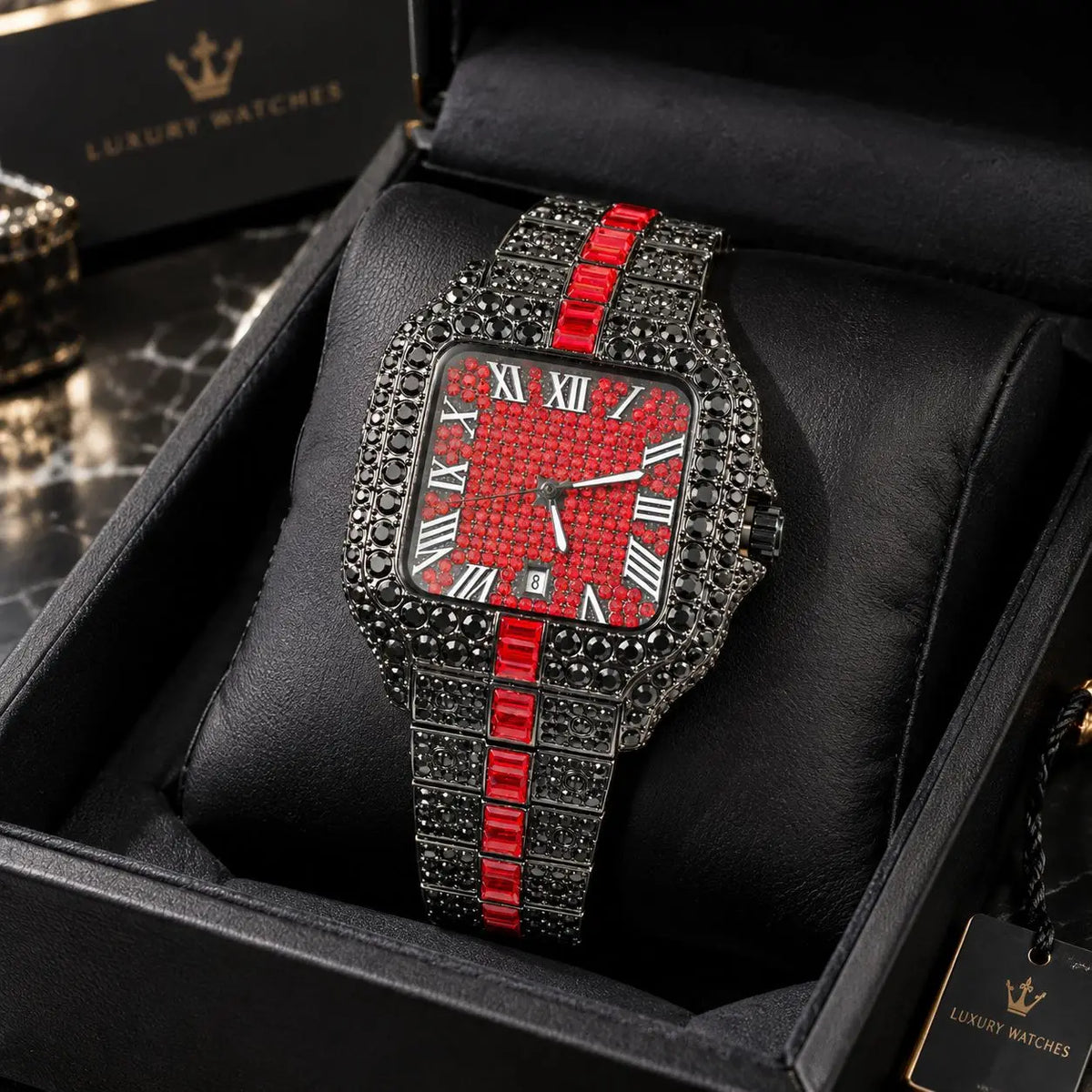 European Full Diamond Men's Quartz Watch with Waterproof Square Case and Hot Fashion Fold Clasp Style