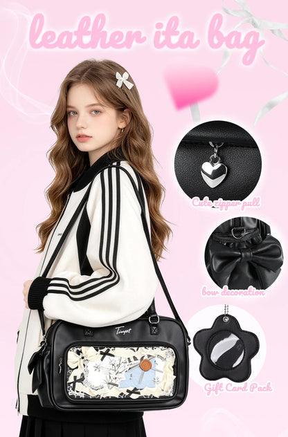 TINYAT PU Y2K Ita Bag Tote Lolita Girl Clear Window Display Message Bag Large Capacity Daily Commuting Handbag for Women School