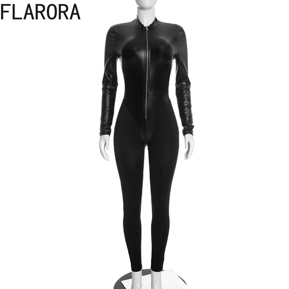 FLARORA Fashion Pu Leather Patchwork Jumpsuits Woman Stand Collar Full Sleeve Zip Skinny Peach Hip Midnight Party Club Overalls