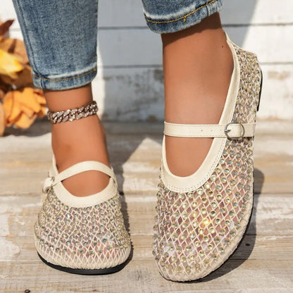 Women's Mary Jane Shoes Luxury Brand Casual Single Shoes Women's Rhinestone Plus Size Womens Round Head Buckle Beach Flat Shoes