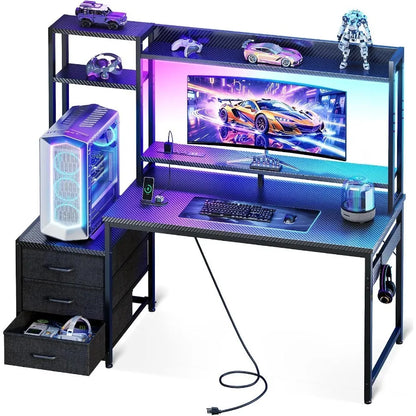 Gaming Desk with Shelves and 3 Drawers and LED Light and Hutch
