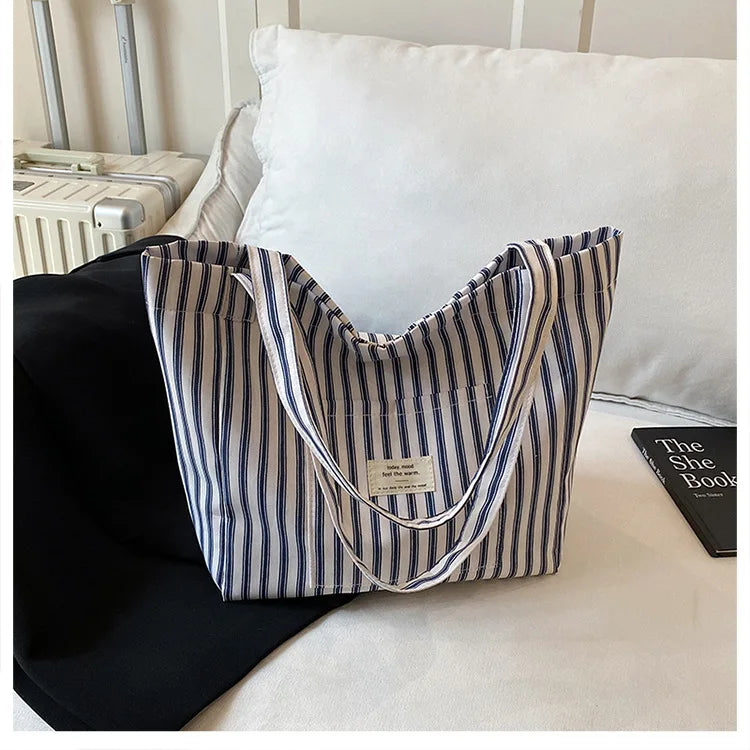 Contrast Color Stripes Women Shoulder Bags Versatile Ladies Large Capacity Tote Bag Lightweight Portable Female Shopping Handbag