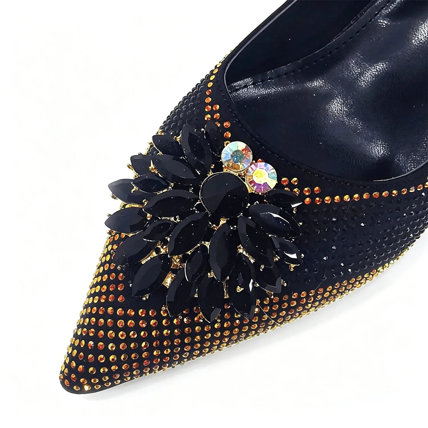 Women Black Gold Rhinestone Slingback Heels Matching Clutch Bag Set Luxury Crystal Flower Pointed Toe Kitten Heel Sandals