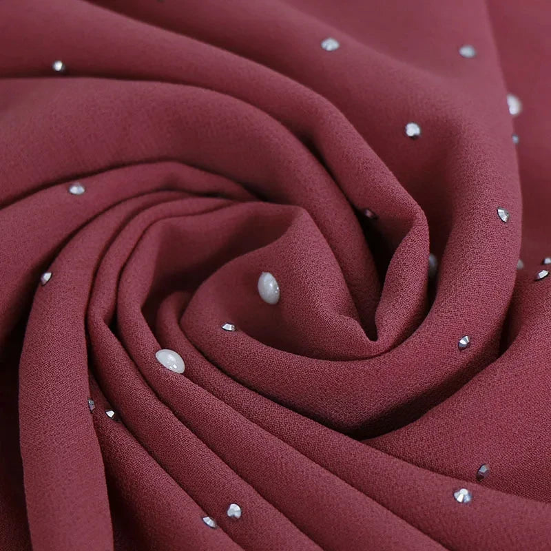 180*70CM New Plain Diamond Beads Bubble Chiffon Instant Hijab Shawls Solid Thick Head Wraps Foulard Sjaal Muslim Bonnet Cachecol
